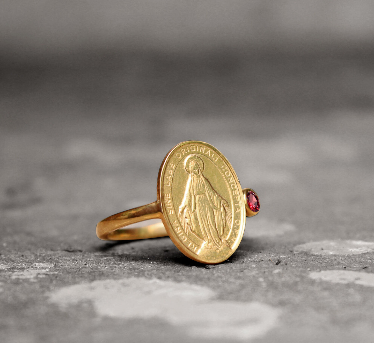 Vintage religious Ring,Solid 925 Sterling Silver Gold Plate Faith Jewelry,Grace Of Mother Mary,With Birthstone For birthday,Anniversary Gift