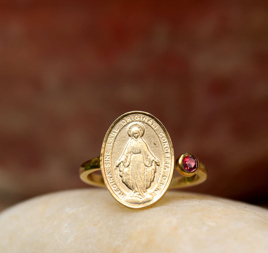 Vintage religious Ring,Solid 925 Sterling Silver Gold Plate Faith Jewelry,Grace Of Mother Mary,With Birthstone For birthday,Anniversary Gift