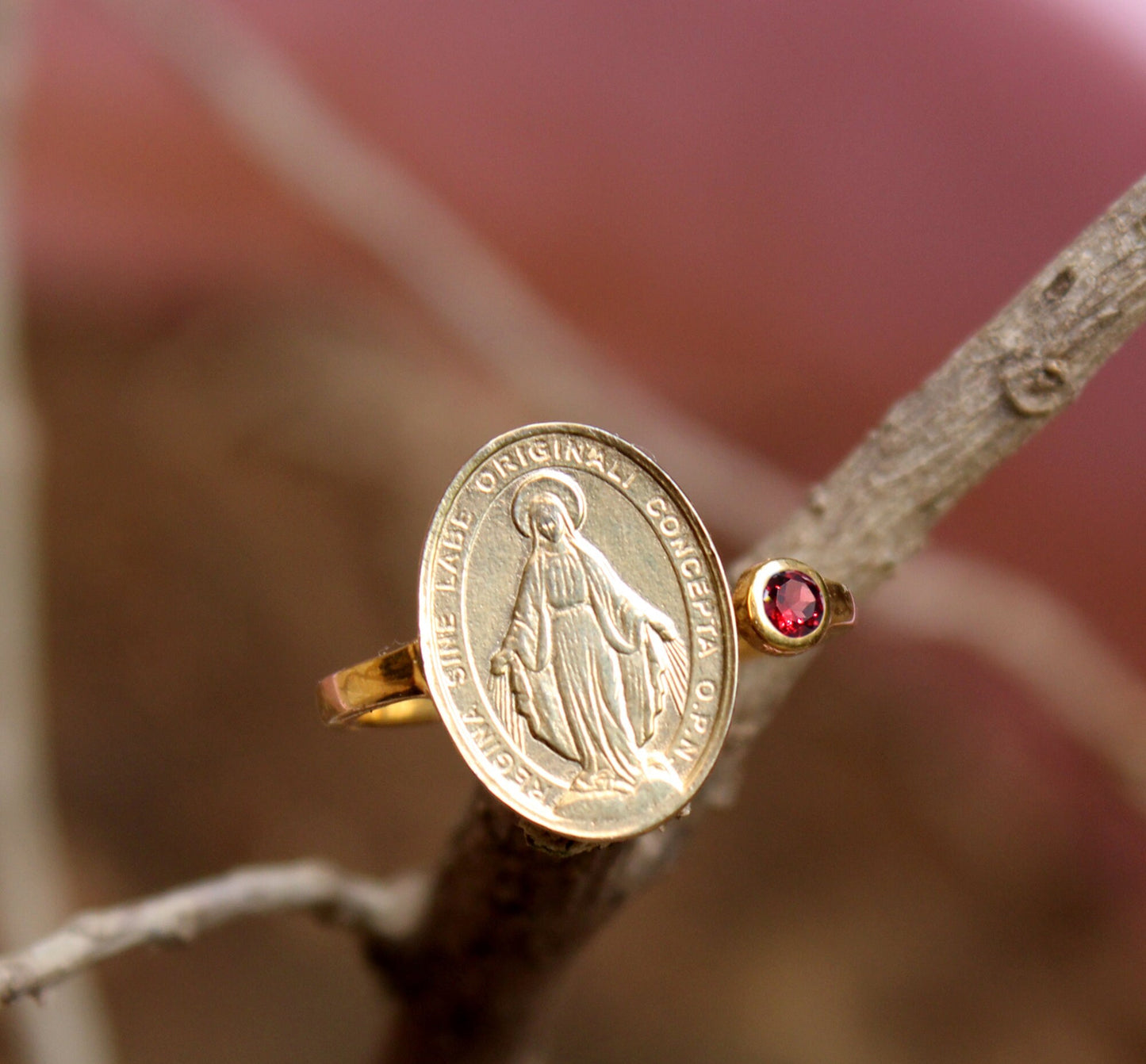 Vintage religious Ring,Solid 925 Sterling Silver Gold Plate Faith Jewelry,Grace Of Mother Mary,With Birthstone For birthday,Anniversary Gift