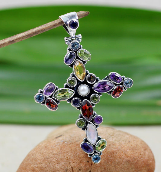 Natural Gemstones Pendant,Bold,Beautiful Cross,multi color Pendant,925 Sterling Silver Jewelry,Gift for Family & Friends
