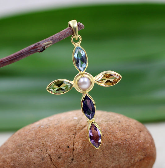 925 Sterling Silver Gold Plated Jewelry,Genuine Gemstones Pendant,Beautiful Holy Cross Pendant,Handmade Jewelry,Christmas Gift,Birthday Gift For Mom