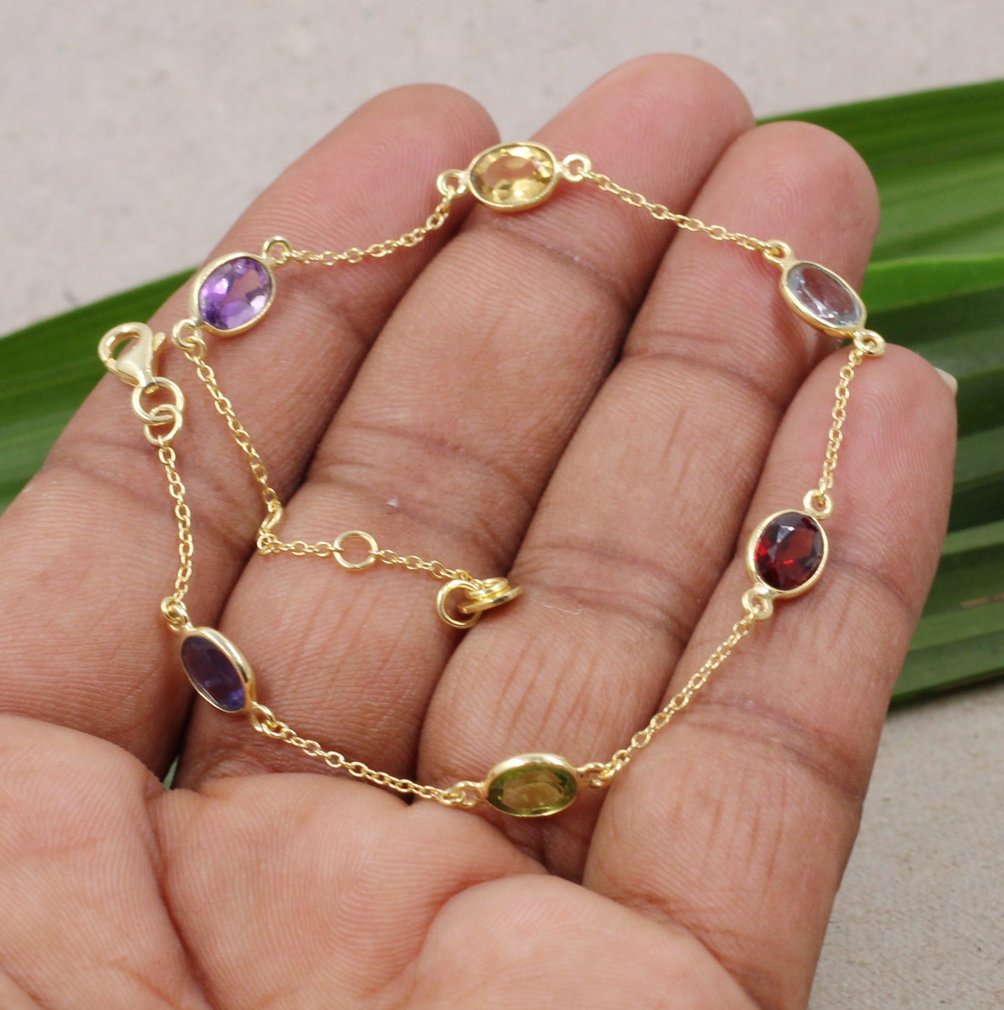 Mulit Color Genuine Gemstones Bracelet,Gold plated Sterling Silver,Handmade Jewelry,Birthday Gift,Anniversary Gift
