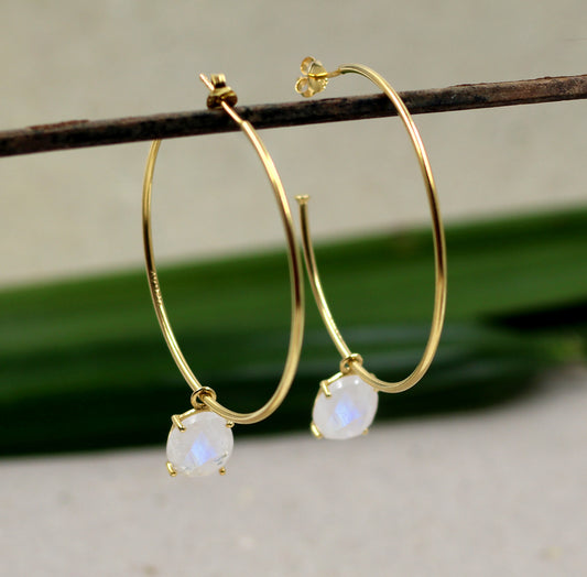 Dangling Oval Moonstone in Gold Plated 925 Silver Hoops,handmade Sliver Jewelry,Bridal Shower gift,Anniversary Gift Earrings,Birthday Gift