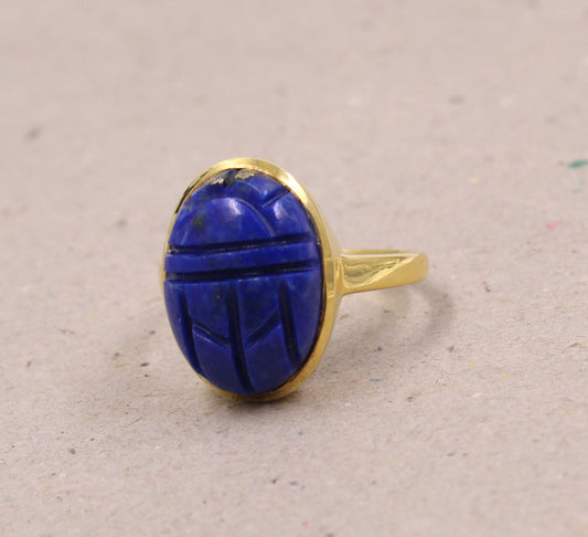 Lapis Lazuli Ring,Oval Scarab Carving Ring,Solid 925 Sterling Silver Jewelry,Christmas Gift for Aunt/Grandmother,Birthday Gift Ring