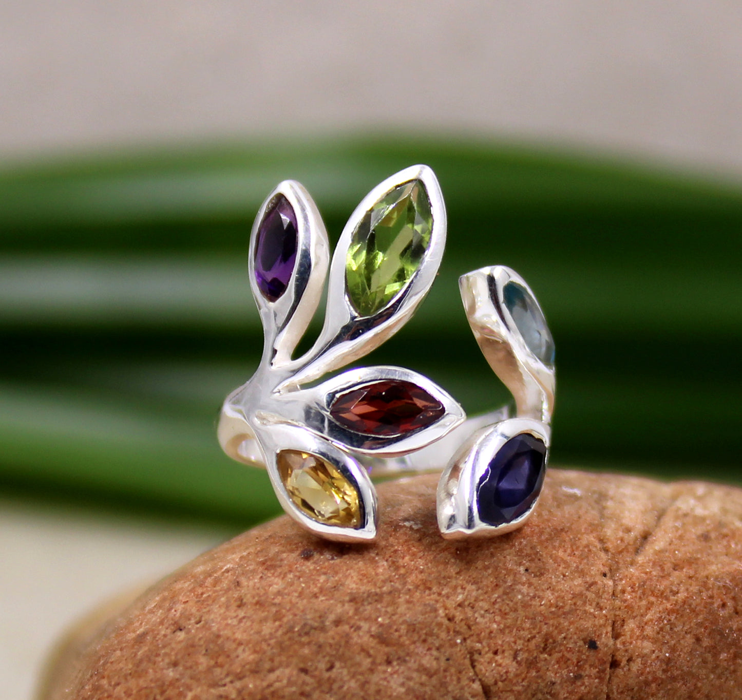 Multi Genuine Gemstones Ring,Front Open Ring,Nature Inspired Leaf Ring,Anniversary Gift,Bride,s Maid Gift,Birthday Gift