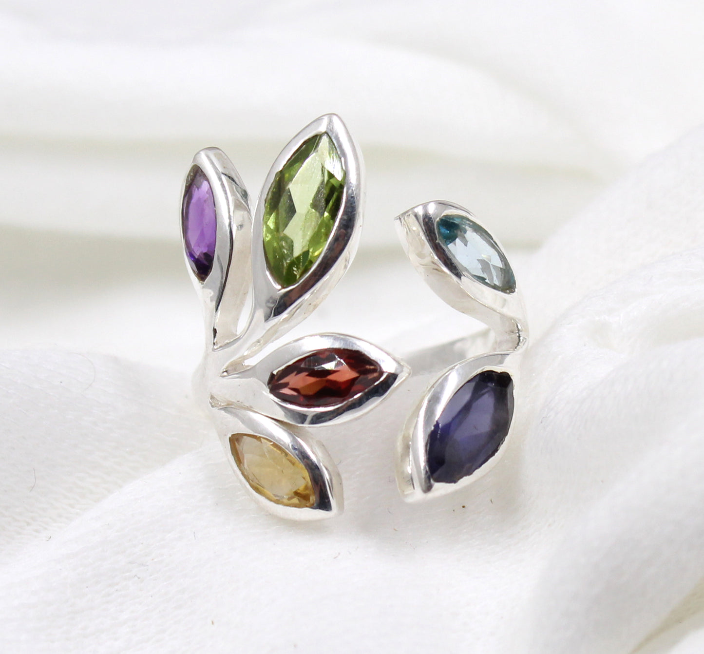 Multi Genuine Gemstones Ring,Front Open Ring,Nature Inspired Leaf Ring,Anniversary Gift,Bride,s Maid Gift,Birthday Gift