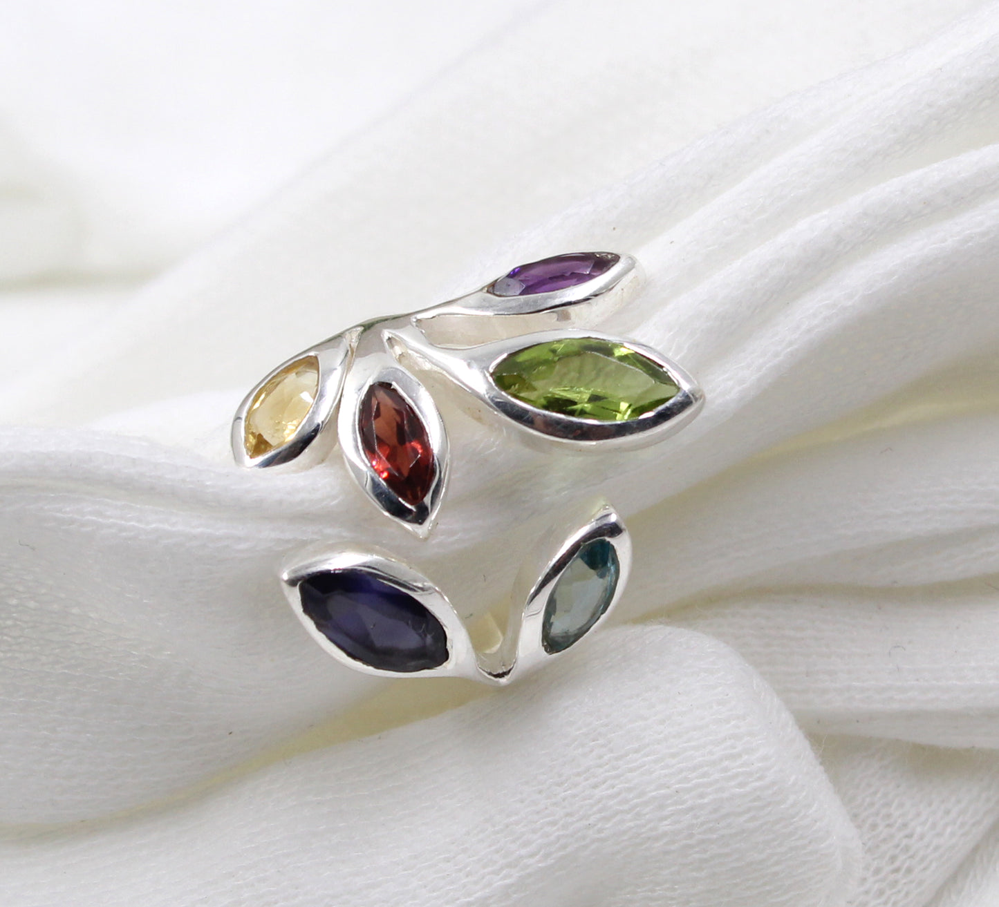 Multi Genuine Gemstones Ring,Front Open Ring,Nature Inspired Leaf Ring,Anniversary Gift,Bride,s Maid Gift,Birthday Gift