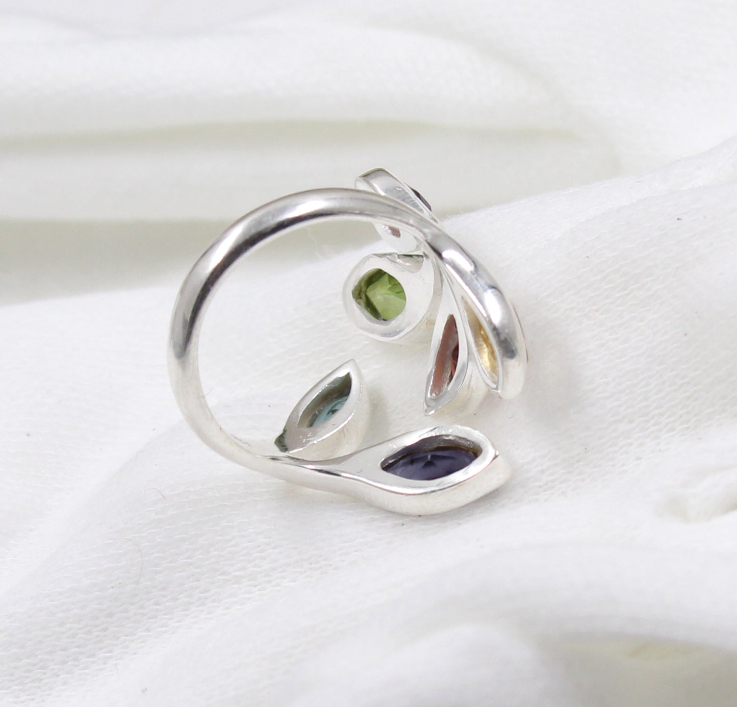 Multi Genuine Gemstones Ring,Front Open Ring,Nature Inspired Leaf Ring,Anniversary Gift,Bride,s Maid Gift,Birthday Gift