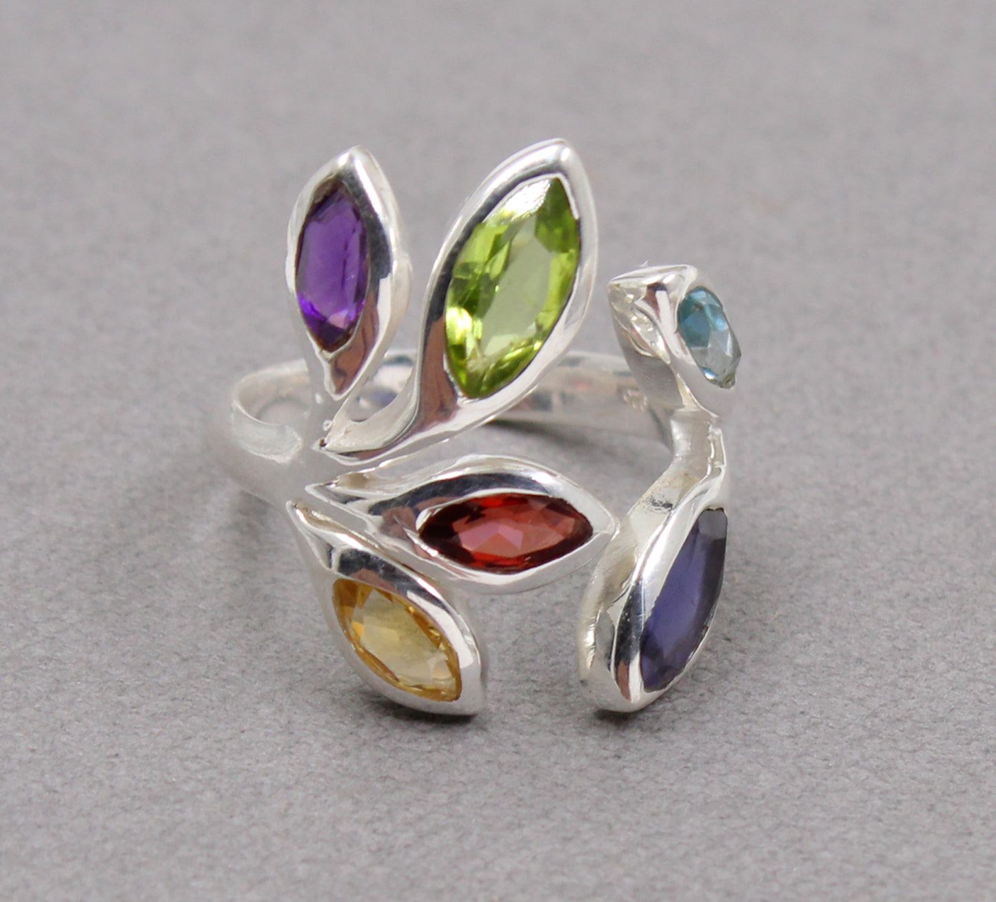 Multi Genuine Gemstones Ring,Front Open Ring,Nature Inspired Leaf Ring,Anniversary Gift,Bride,s Maid Gift,Birthday Gift