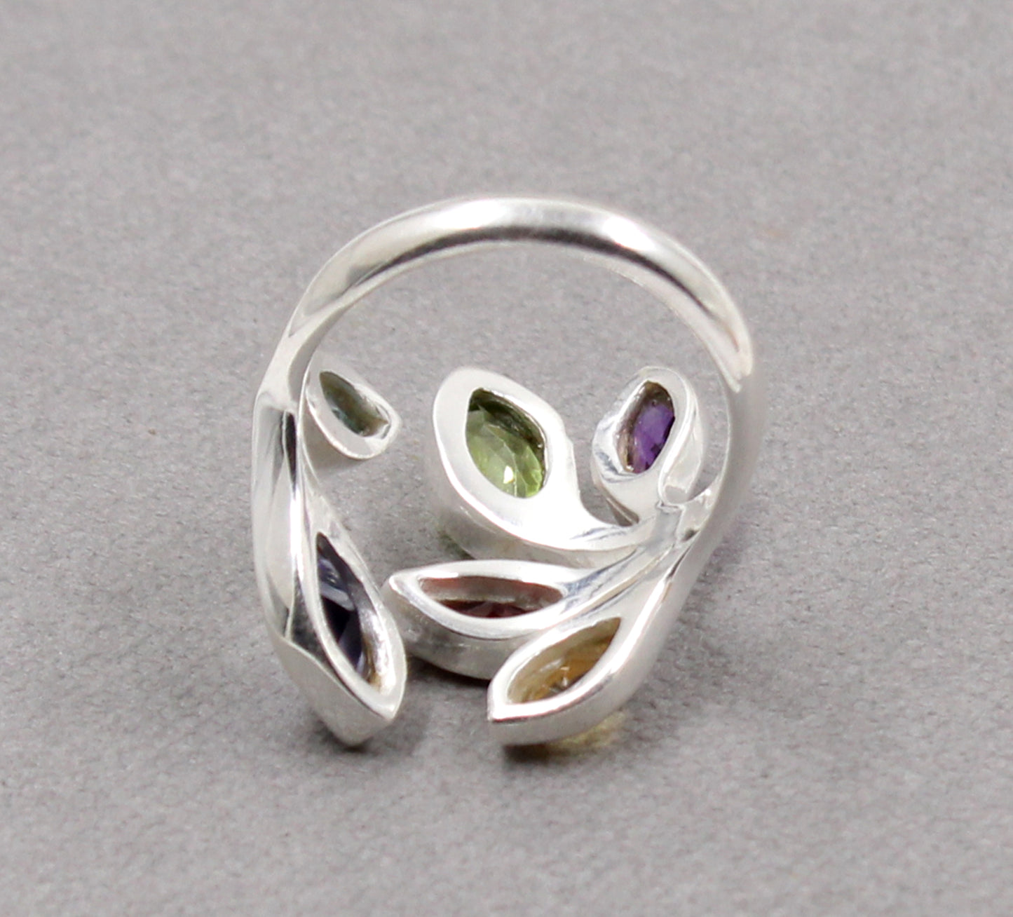 Multi Genuine Gemstones Ring,Front Open Ring,Nature Inspired Leaf Ring,Anniversary Gift,Bride,s Maid Gift,Birthday Gift