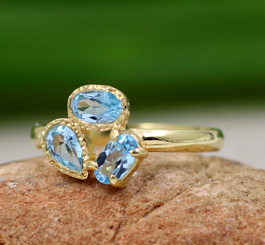 Stunning Swiss Blue Topaz Three-Stone Ring in Solid 925 Sterling Silver – A Perfect Gift For Your Woman| Hypoallergenic Jewelry For Her