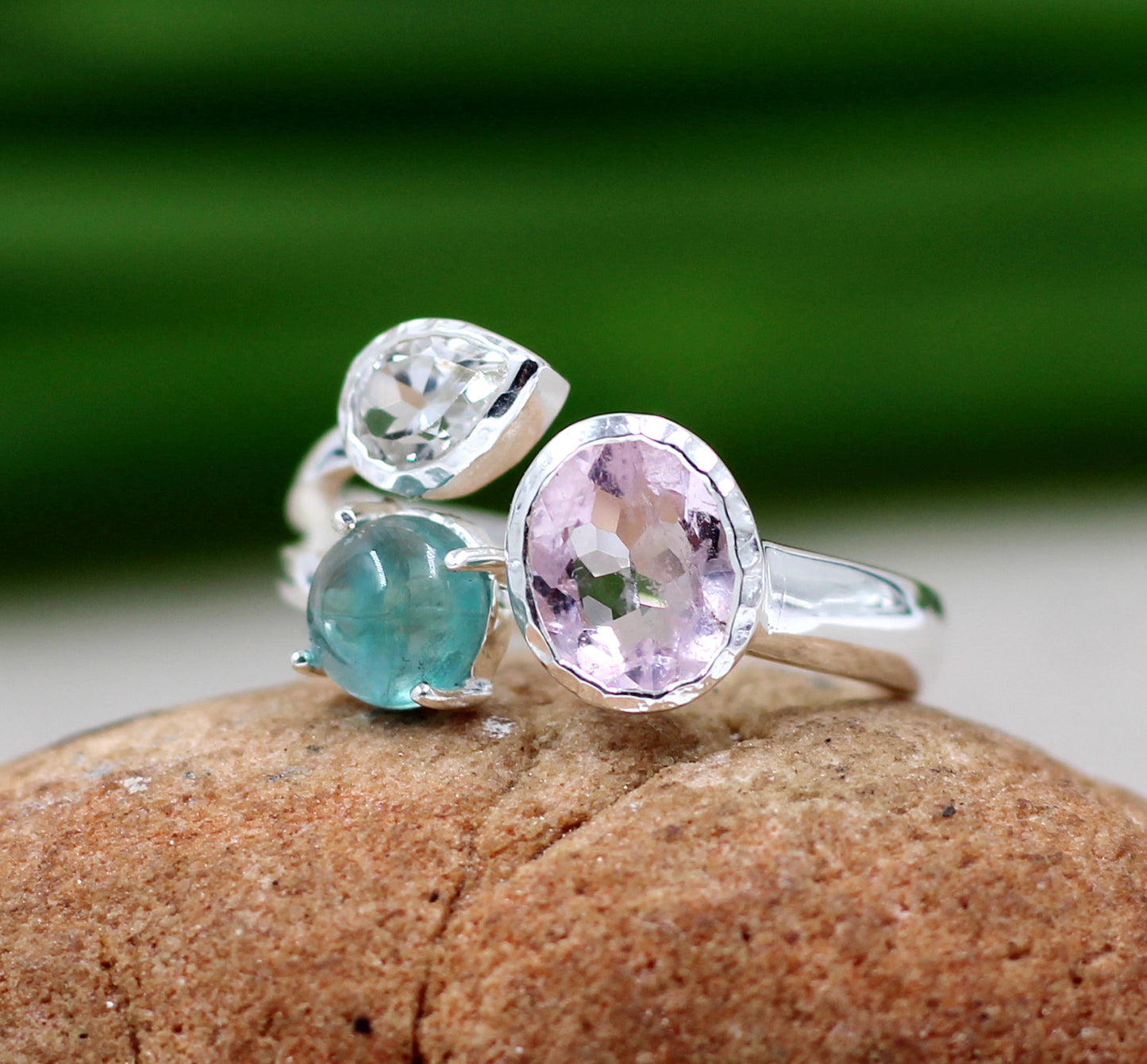 Gorgeous Elegance Morganite,Fluorite and Crystal Front Open Ring,925 Silver Jewelry,Special Gift For Mom,Bridal Shower gift,Anniversary Gift