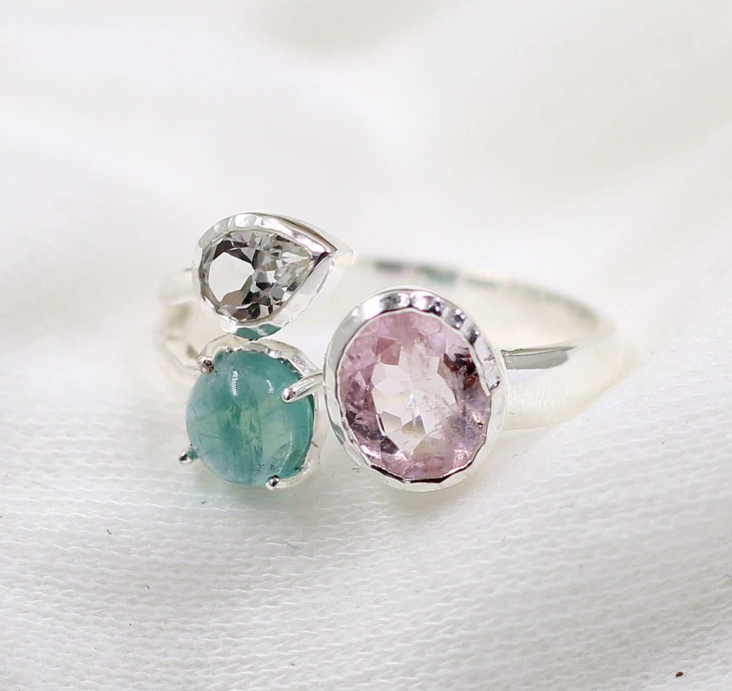 Gorgeous Elegance Morganite,Fluorite and Crystal Front Open Ring,925 Silver Jewelry,Special Gift For Mom,Bridal Shower gift,Anniversary Gift