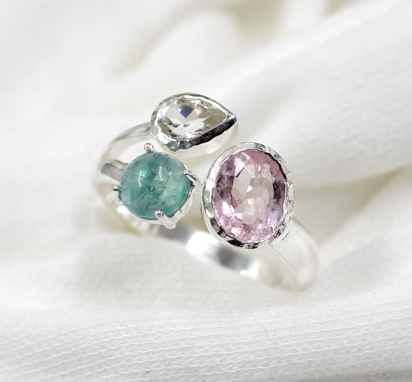 Gorgeous Elegance Morganite,Fluorite and Crystal Front Open Ring,925 Silver Jewelry,Special Gift For Mom,Bridal Shower gift,Anniversary Gift