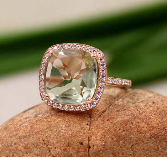 Green Amethyst Ring,Cushion Ring,Engagement Ring,Solid 925 Sterling Silver Jewelry,Wedding Gift Ring
