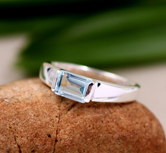 Solitaire Baguette Blue Topaz Ring,Natural Gemstone 925 Sterling Silver Handmade Jewelry,Anniversary Ring,Birthday Gift,Proposal Ring