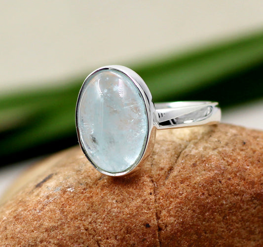 Solid 925 Sterling Silver Gemstone Jewelry,Genuine Aquamarine Cabochon Ring,Ring of Simple Beauty For Sister,Anniversary Gift,Proposal Ring