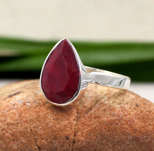 Solitaire Faceted Tear Drop Red Ruby Ring,925 Sterling Silver Handmade Women/Men Everyday Jewelry,Bride's Maid Ring,Anniversary Gift