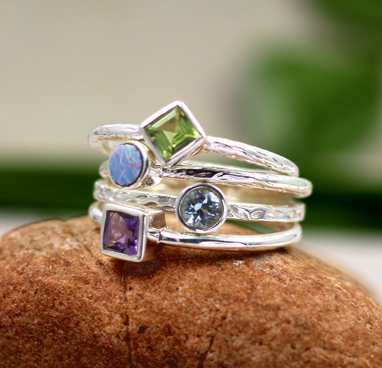 Blue Topaz,Peridot,Opal Stackable Rings,Set of Four rings,Minimalist 925 sterling silver jewelry,Anniversary Gift,Christmas Gift Ring