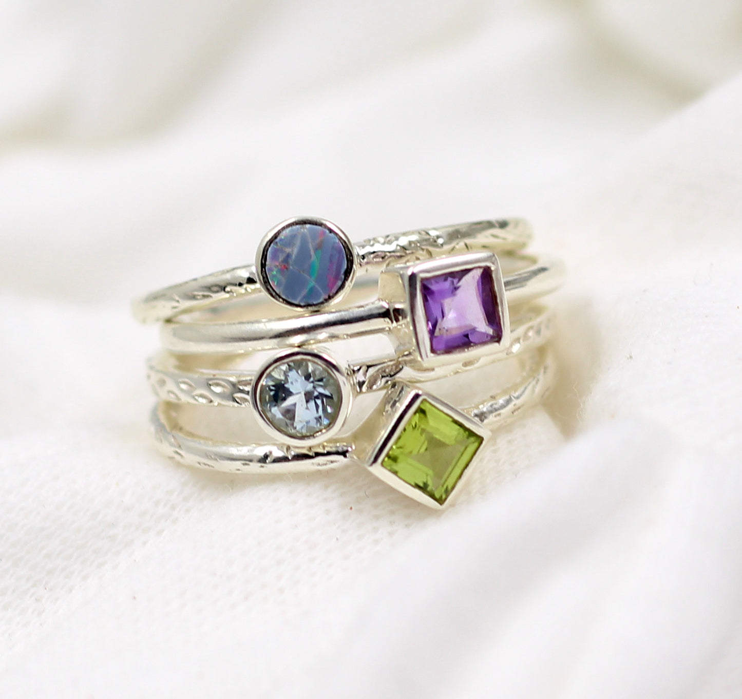 Blue Topaz,Peridot,Opal Stackable Rings,Set of Four rings,Minimalist 925 sterling silver jewelry,Anniversary Gift,Christmas Gift Ring