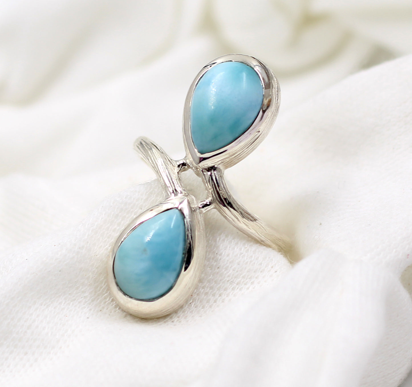 Two Pear front Open Lovely Larimar Ring,Up right Statement Ring,925 sterling silver texture jewelry,Marriage Anniversary gift