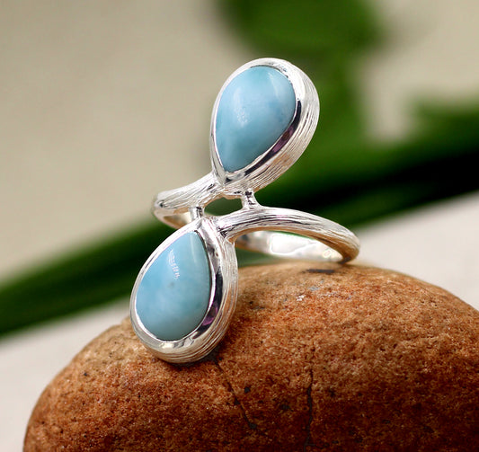 Two Pear front Open Lovely Larimar Ring,Up right Statement Ring,925 sterling silver texture jewelry,Marriage Anniversary gift