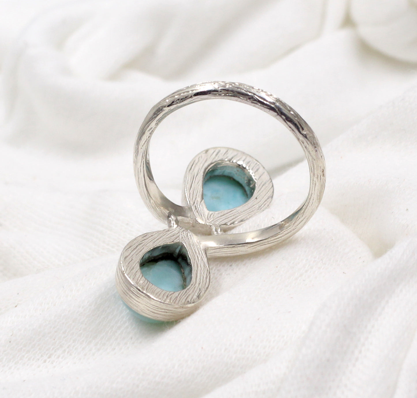 Two Pear front Open Lovely Larimar Ring,Up right Statement Ring,925 sterling silver texture jewelry,Marriage Anniversary gift