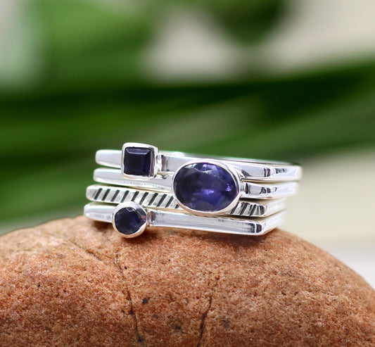 Iolite Ring set,Designer Four rings set,Birthday Gift,Gift Anniversary Ring,925 sterling Silver,Genuine Gemstone jewelry