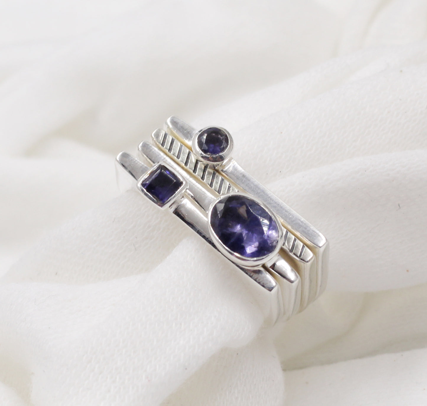 Iolite Ring set,Designer Four rings set,Birthday Gift,Gift Anniversary Ring,925 sterling Silver,Genuine Gemstone jewelry