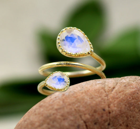 Moonstone Ring,Gold Plated,925 Silver Handmade Jewelry,Anniversary Gift,Valentine Gift Ring,Trendy,Spiral Ring,For Me
