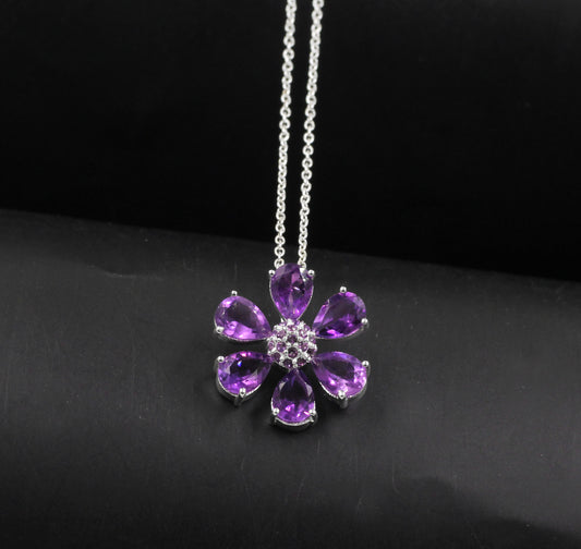 Gorgeous Amethyst Necklace,Flower Pendant Chain,925 Silver Handmade Jewelry,Anniversary Gift,Proposal Necklace,Mother's Day Gift