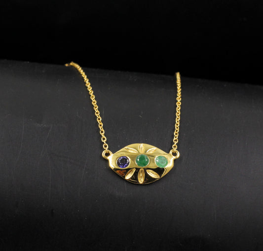 Natural Emerald & Iolite Necklace,Charm Necklace,Gold Plated 925 Silver,Handmade Jewelry,Anniversary Gift, Birthstones Jewelry