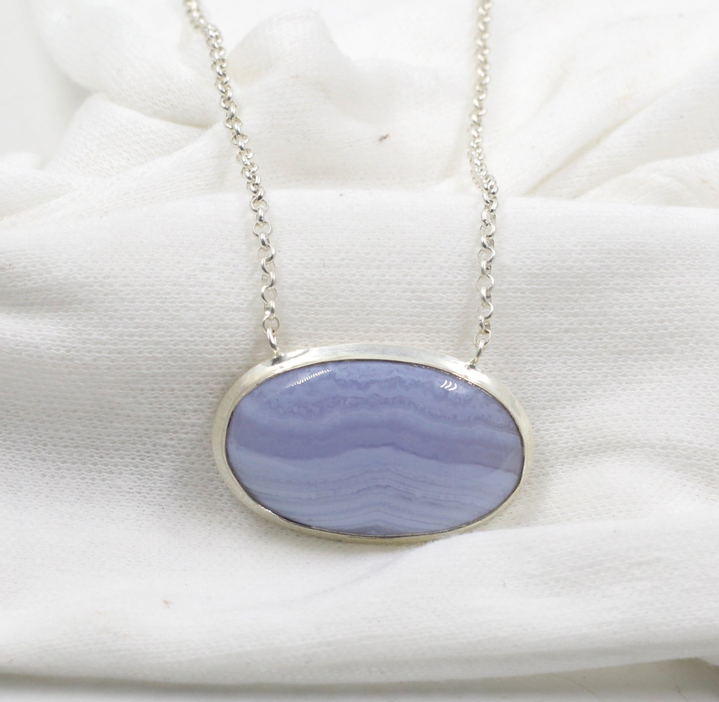 925 Silver Gemstone Jewelry,Lovely Blue Striped Lace Agate Necklace,Anniversary Gift,Chain Pendant Necklace,gift for Mom,Casual Wear Silver