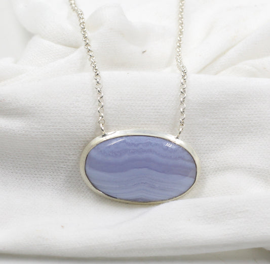 925 Silver Gemstone Jewelry,Lovely Blue Striped Lace Agate Necklace,Anniversary Gift,Chain Pendant Necklace,gift for Mom,Casual Wear Silver