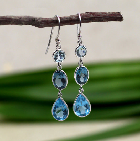 London Blue Topaz,Swiss Blue topaz & Sky Blue Topaz Dangler Earring,Tantalizing Blue Topaz Earring,Sterling Silver Valentine Gift for Her,Party Wear