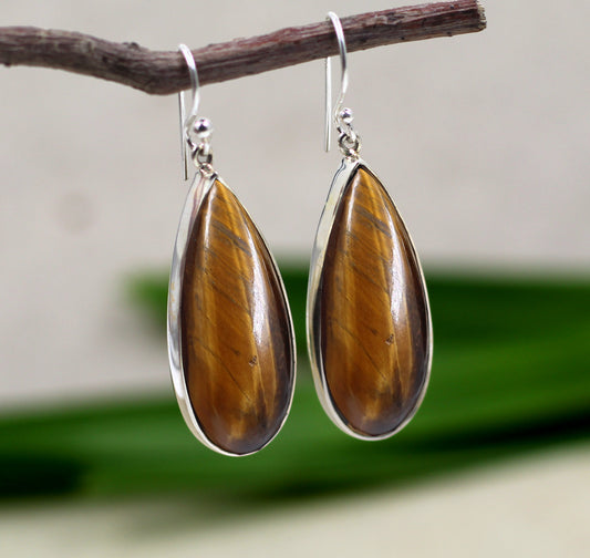 925 Sterling Silver Gemstone Jewelry,Tiger Eye long tear drop Earring,Brown Chunky Danglers,Birthday Gift,Big Gemstone Silver Dangler for Me