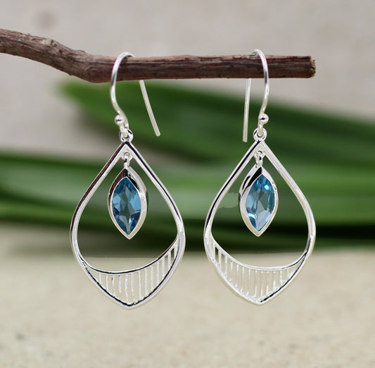 Solid 925 sterling silver jewelry,Brilliant Swiss blue topaz earring,Anniversary Gift,Designer dangler,Sister's Christmas Gift,Birthday gift