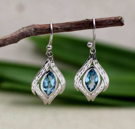 925 Sterling Silver Handmade Jewelry,Sparkling Swiss Blue Topaz Earring,Birthday Gift,Anniversary Gift,Mother's Day gift,Part Wear Danglers