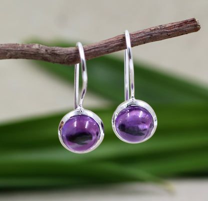 Minimalist Cabochon Gemstone Earrings,Amethyst/Crystal Quartz hangings,925 Sterling Silver,Anniversary Gift,Wedding Jewelry