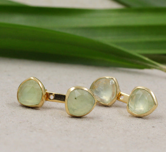 Green Prehnite Gemstone Jacket Earring,Gold Plated Silver Earring,925 Sterling Jewelry,Anniversary Gift,birthday Gift,Trendy Earring